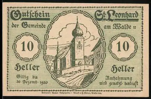 Notgeld St. Leonhard am Walde 1920, 10 Heller, Kirche und Heilige mit Tieren, gültig bis 30. Dezember 1920