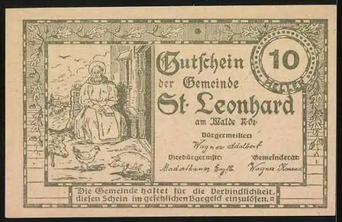 Notgeld St. Leonhard am Walde 1920, 10 Heller, Kirche und Heilige mit Tieren, gültig bis 30. Dezember 1920