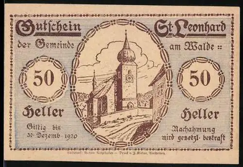 Notgeld St. Leonhard am Walde 1920, 50 Heller, Kirche und sitzende Figur mit Hühnern