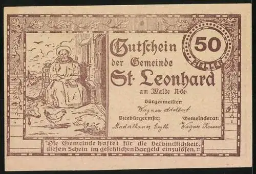 Notgeld St. Leonhard am Walde 1920, 50 Heller, Kirche und sitzende Figur mit Hühnern