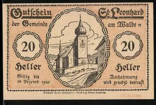 Notgeld St. Leonhard am Walde 1920, 20 Heller, Kirche und sitzende Figur mit Hühnern