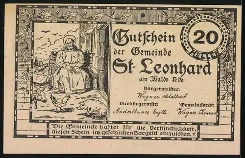 Notgeld St. Leonhard am Walde 1920, 20 Heller, Kirche und sitzende Figur mit Hühnern