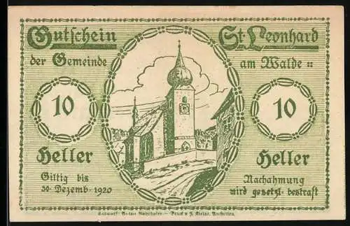 Notgeld St. Leonhard am Walde 1920, 10 Heller, Kirche und Heiliger mit Tieren, Gültig bis 30. Dezember