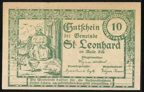 Notgeld St. Leonhard am Walde 1920, 10 Heller, Kirche und Heiliger mit Tieren, Gültig bis 30. Dezember