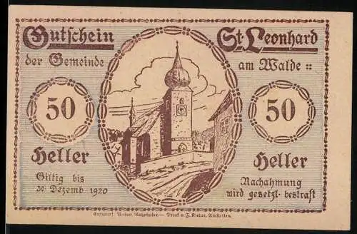 Notgeld St. Leonhard am Walde 1920, 50 Heller, Kirchturm und sitzende Frau mit Tieren