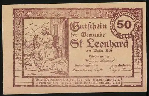 Notgeld St. Leonhard am Walde 1920, 50 Heller, Kirchturm und sitzende Frau mit Tieren