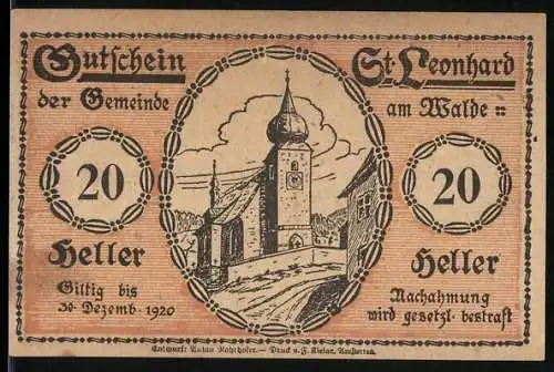 Notgeld St. Leonhard am Walde 1920, 20 Heller, Kirche und Frau mit Hühnern im Hof