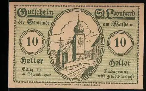 Notgeld St. Leonhard am Walde 1920, 10 Heller, Kirche und Frau mit Hühnern-Motiv