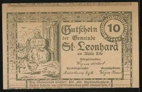 Notgeld St. Leonhard am Walde 1920, 10 Heller, Kirche und Frau mit Hühnern-Motiv