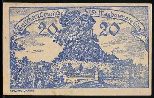 Notgeld St. Magdalena bei Linz, 20 Heller, Dorfszene mit Kirche und Baum