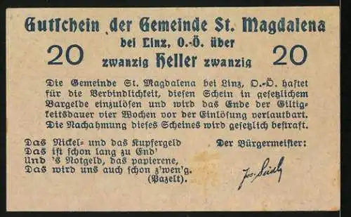 Notgeld St. Magdalena bei Linz, 20 Heller, Dorfszene mit Kirche und Baum