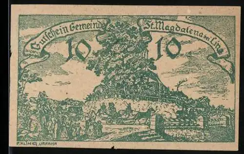 Notgeld St. Magdalena bei Linz, 10 Heller, ländliche Szene mit Baum und Menschenansammlung