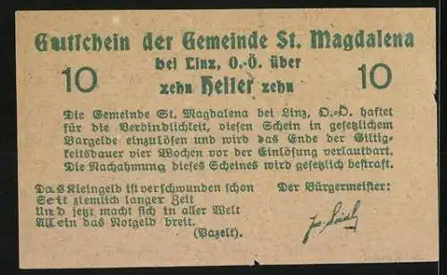 Notgeld St. Magdalena bei Linz, 10 Heller, ländliche Szene mit Baum und Menschenansammlung