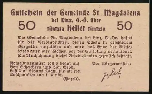 Notgeld St. Magdalena, 50 Heller, Szene mit Kutsche und Baum, Gemeindegutschein Linz