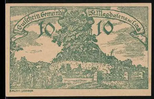 Notgeld St. Magdalena bei Linz, 10 Heller, Baum und Landschaftsmotiv