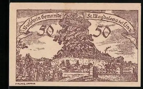 Notgeld St. Magdalena bei Linz, 50 Heller, Baum mit Menschenmenge und Landschaftsszene