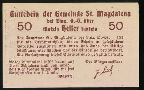 Notgeld St. Magdalena bei Linz, 50 Heller, Baum mit Menschenmenge und Landschaftsszene