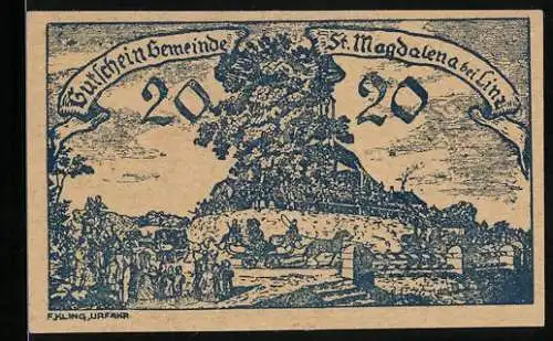 Notgeld St. Magdalena, 20 Heller, ländliche Szene mit Baum und Menschenmenge