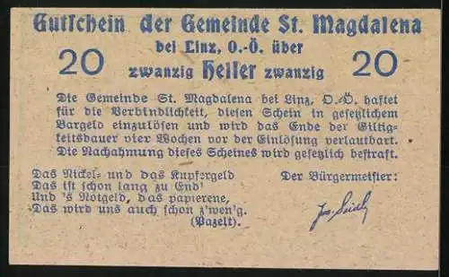 Notgeld St. Magdalena, 20 Heller, ländliche Szene mit Baum und Menschenmenge