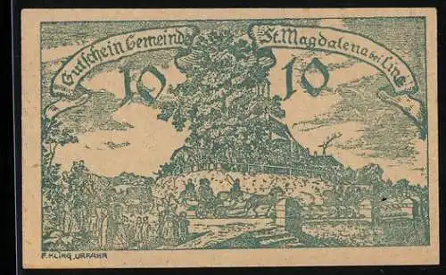 Notgeld St. Magdalena bei Linz, 10 Heller, Dorfszene unter Baum, Text und Unterschrift des Bürgermeisters