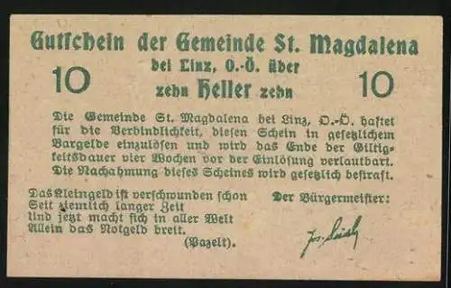 Notgeld St. Magdalena bei Linz, 10 Heller, Dorfszene unter Baum, Text und Unterschrift des Bürgermeisters