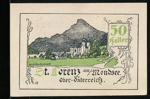 Notgeld St. Lorenz am Mondsee 1920, 50 Heller, Landschaft mit Kirche und Bergen am Mondsee, Entwurf: Alfred Gerstenbrand