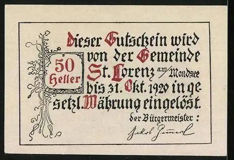 Notgeld St. Lorenz am Mondsee 1920, 50 Heller, Landschaft mit Kirche und Bergen am Mondsee, Entwurf: Alfred Gerstenbrand