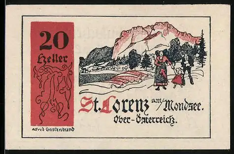 Notgeld St. Lorenz am Mondsee 1920, 20 Heller, Alpenlandschaft mit Familie, Ornamente, Entwurf: Alfred Gerstenbrand