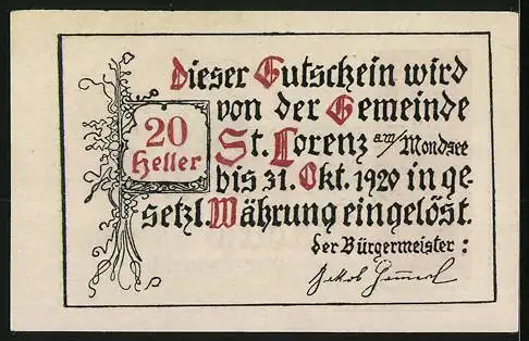 Notgeld St. Lorenz am Mondsee 1920, 20 Heller, Alpenlandschaft mit Familie, Ornamente, Entwurf: Alfred Gerstenbrand