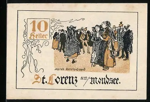 Notgeld St. Lorenz am Mondsee 1920, 10 Heller, Bürger in Tracht, bis 31. Okt. 1920 gültig, Entwurf: Alfred Gerstenbrand