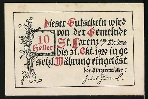 Notgeld St. Lorenz am Mondsee 1920, 10 Heller, Bürger in Tracht, bis 31. Okt. 1920 gültig, Entwurf: Alfred Gerstenbrand