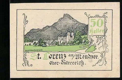 Notgeld St. Lorenz am Mondsee 1920, 50 Heller, Kirche und Berglandschaft im Hintergrund, Entwurf: Alfred Gerstenbrand