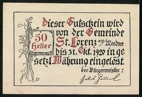 Notgeld St. Lorenz am Mondsee 1920, 50 Heller, Kirche und Berglandschaft im Hintergrund, Entwurf: Alfred Gerstenbrand