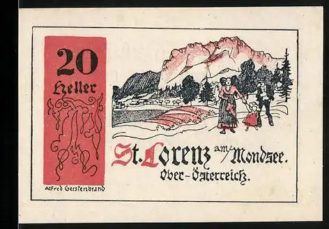 Notgeld St. Lorenz 1920, 20 Heller, Landschaft mit Berg und Familie, Entwurf: Alfred Gerstenbrand