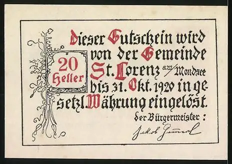 Notgeld St. Lorenz 1920, 20 Heller, Landschaft mit Berg und Familie, Entwurf: Alfred Gerstenbrand