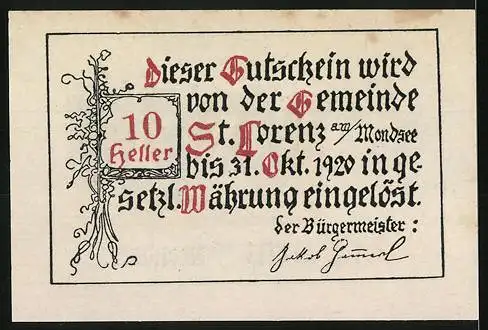 Notgeld St. Lorenz am Mondsee 1920, 10 Heller, Einheimische in Tracht, florale Verzierungen Entwurf: Alfred Gerstenbrand