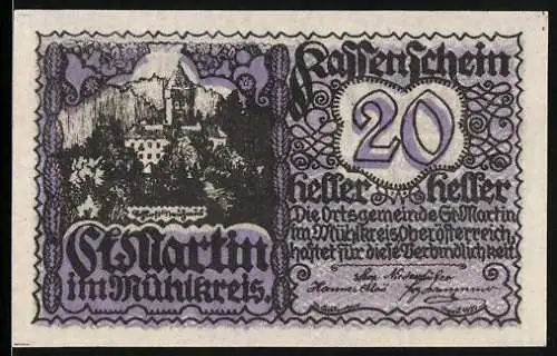 Notgeld St. Martin im Mühlkreis 1920, 20 Heller, Burgansicht und Reiterdarstellung