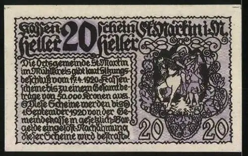 Notgeld St. Martin im Mühlkreis 1920, 20 Heller, Burgansicht und Reiterdarstellung