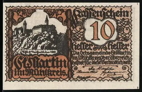 Notgeld St. Martin 1920, 10 Heller, Burg und Reiter-Motiv