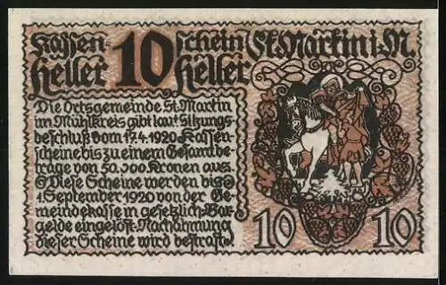 Notgeld St. Martin 1920, 10 Heller, Burg und Reiter-Motiv