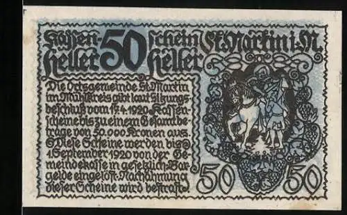 Notgeld St. Martin 1920, 50 Heller, Reiter auf Pferd und Dorfansicht, mit Text und Verzierungen