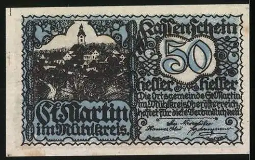 Notgeld St. Martin 1920, 50 Heller, Reiter auf Pferd und Dorfansicht, mit Text und Verzierungen