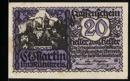 Notgeld St. Martin im Mühlkreis 1920, 20 Heller, Burgmotiv und Reitermotiv mit Textornamenten