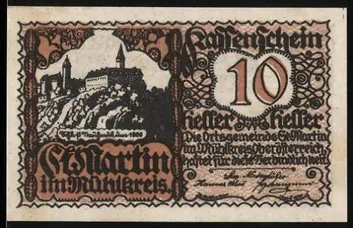 Notgeld St. Martin 1920, 10 Heller, Burg und Reiterdarstellung, Wappen