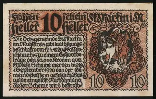 Notgeld St. Martin 1920, 10 Heller, Burg und Reiterdarstellung, Wappen