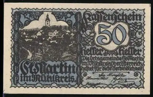 Notgeld St. Martin 1920, 50 Heller, Dorfszene und Reiter mit Schild