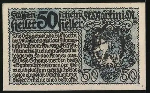 Notgeld St. Martin 1920, 50 Heller, Dorfszene und Reiter mit Schild