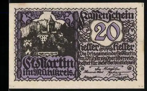 Notgeld St. Martin 1920, 20 Heller, Schloss und Reiterdarstellung, Wappen von St. Martin im Mühlkreis