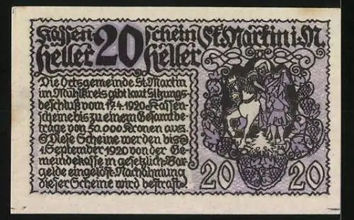 Notgeld St. Martin 1920, 20 Heller, Schloss und Reiterdarstellung, Wappen von St. Martin im Mühlkreis