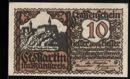 Notgeld St. Martin im Mühlkreis 1920, 10 Heller, Burglandschaft und Ritter mit Wappen